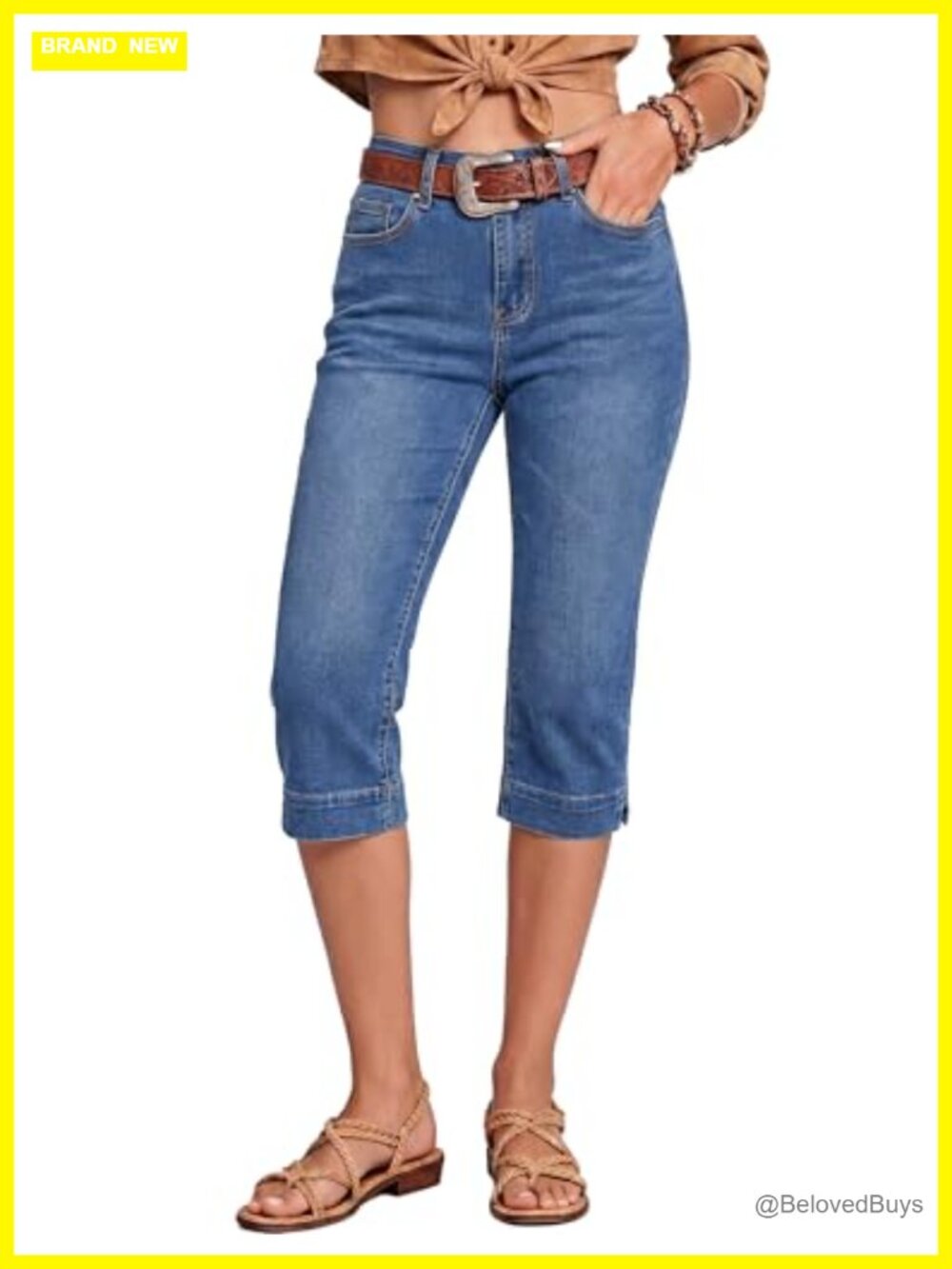 High Waisted Capri Jeans Slim Split Hem Stretch Denim Cropped